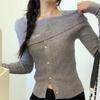 Korean Chic One-Shoulder Long-Sleeve Knit Top - Autumn/Winter Elegant Design for Women