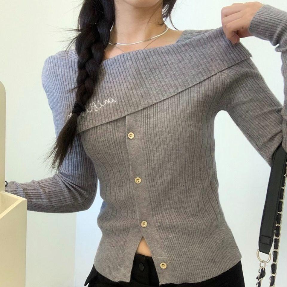 Korean Chic One-Shoulder Long-Sleeve Knit Top - Autumn/Winter Elegant Design for Women