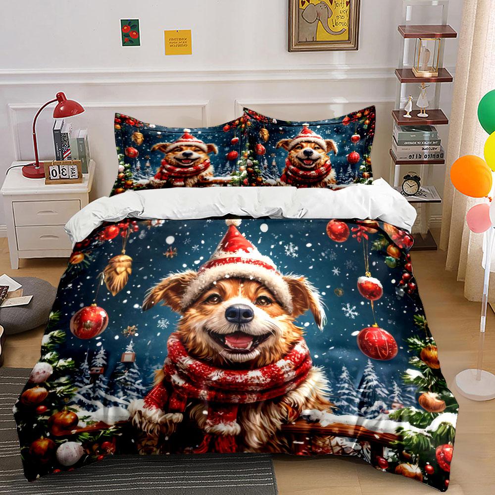 Festive Christmas Dog Outfit Set Kid'S And Adults' Bedroom Decor, Exquisite Three-Piece Bedding Set Gift