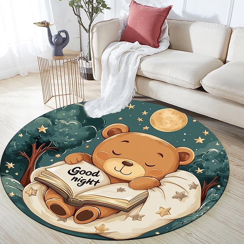 Teddy Bear Reading Book Round Area Rug,Carpet Rug for Living Room Bedroom Sofa Playroom Decor,Non-slip Floor Mat