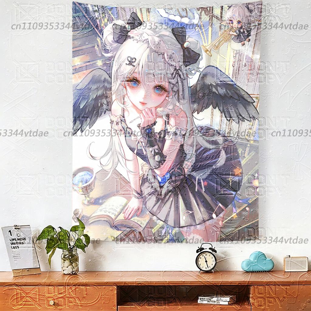 Japanese Anime Angel Girl Tapestry Kawaii Cute Ballet Wall Hanging Ins Style Dorm Room Decor Aesthetic Pink Background Cloth