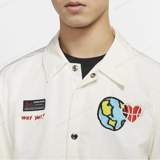 Jordan Cartoon Alphabet And Earth Pattern Embroidered Single-Breasted Lapel Long Sleeve Jacket Men Outerwear White CW4268-100