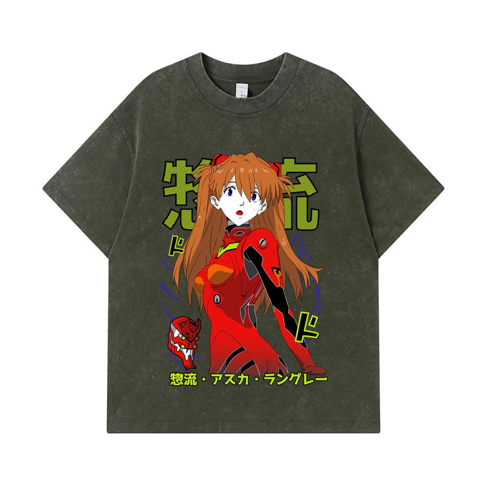 

275 GSM Washed T-shirts 100% Cotton Evangelion V10 Asuka Print Unisex Heavy Cotton T Shirt S армия зеленый