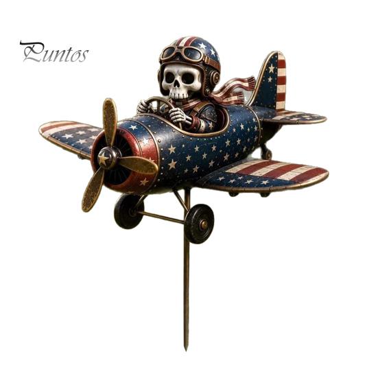 Gift for Gardening Enthusiasts Metal Skeleton Pilot Airplane Wind Spinner with Ground Stake, Vintage American Flag Garden Style Accessory Yard Rustic