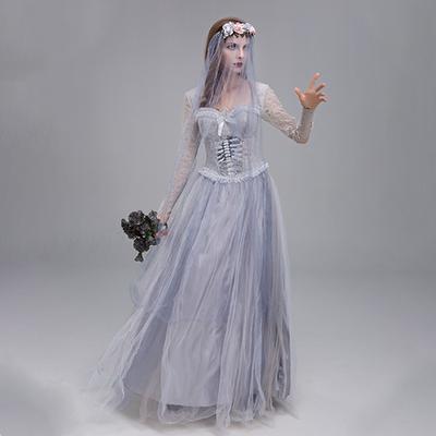Halloween Costume Women Ghost Bride Dress Cosplay Outfit With Headpiece Vintage Ethnic Style