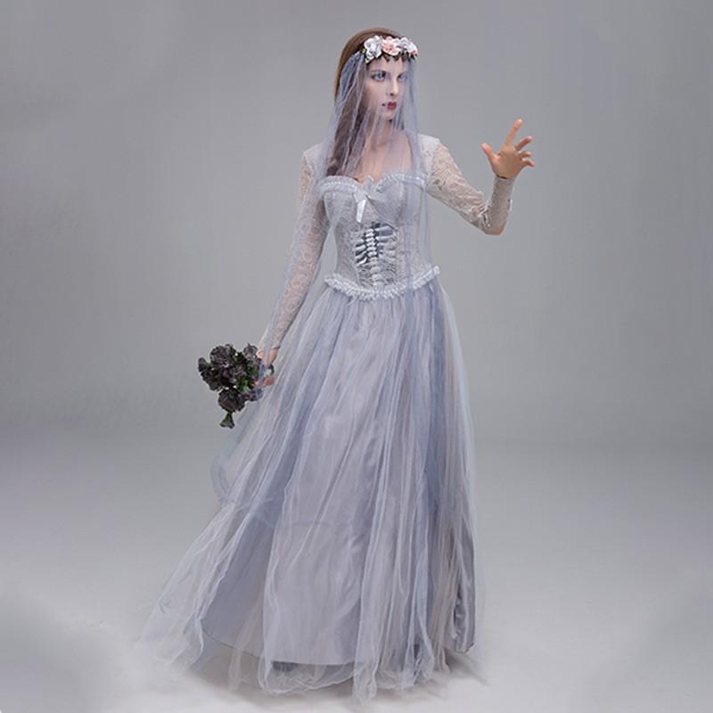 Halloween Costume Women Ghost Bride Dress Cosplay Outfit With Headpiece Vintage Ethnic Style