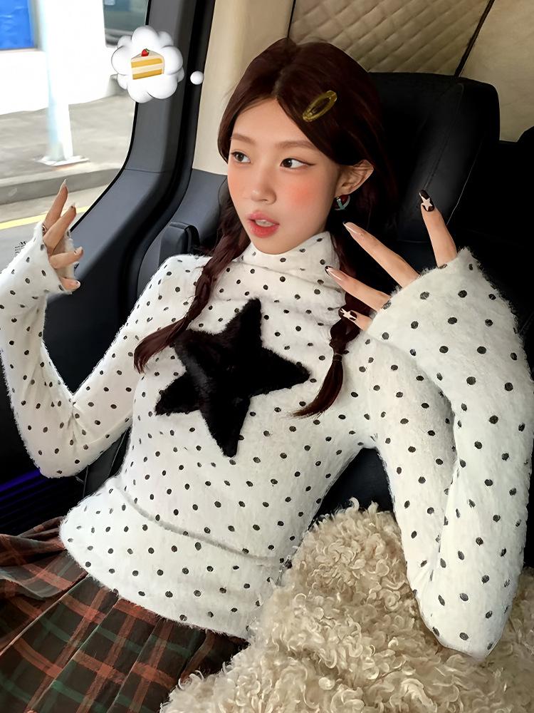 Korean Style Polka Dot Mink Fur Collar Long Sleeve T-shirt for Women - Autumn/Winter Base Layer