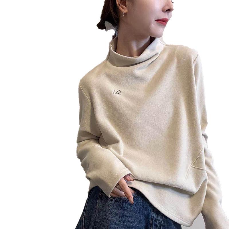 Women's Designer Long-Sleeve Fleece T-Shirt: Stylish, Versatile, Half-High Collar with High-End Embroidery