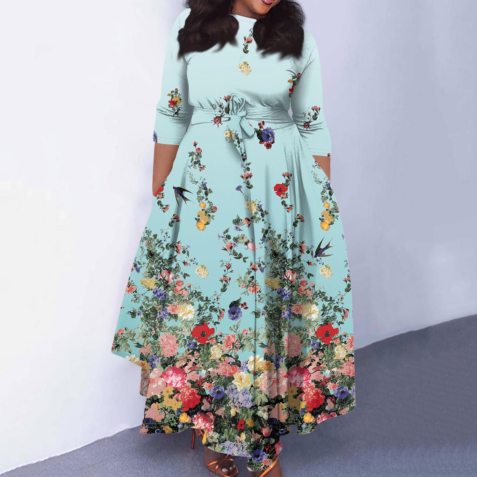 

Жіноча повсякденна модна сукня з градієнтним принтом великого розміру з круглим вирізом і рукавом три чверті, кишеньковими ремінцями XXXXL