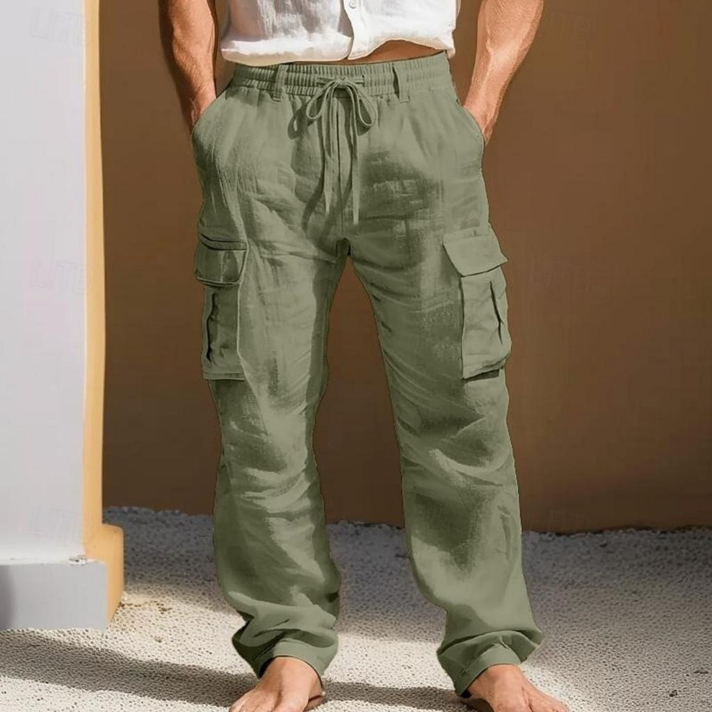 Men's Cotton Linen Cargo Pants Loose Fit Straight Leg with Multiple Pockets for Casual Wear