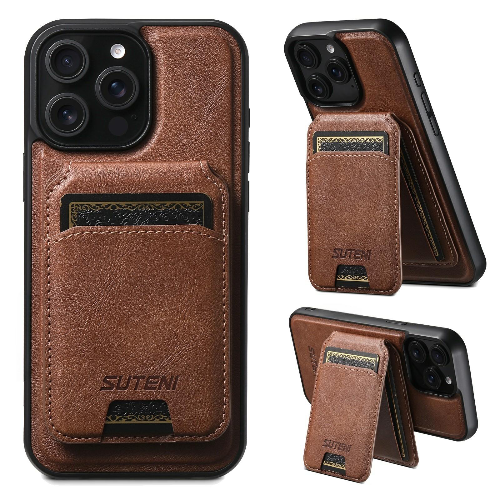

SUTENI M5 For iPhone 13 Pro Max Magnetic Case with Card Bag Cowhide Texture Leather Phone Back Cover Brown