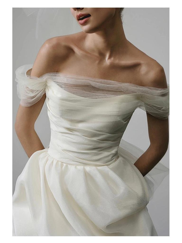 Petite Off-Shoulder White Satin Wedding Dress – Short, Simple French Style