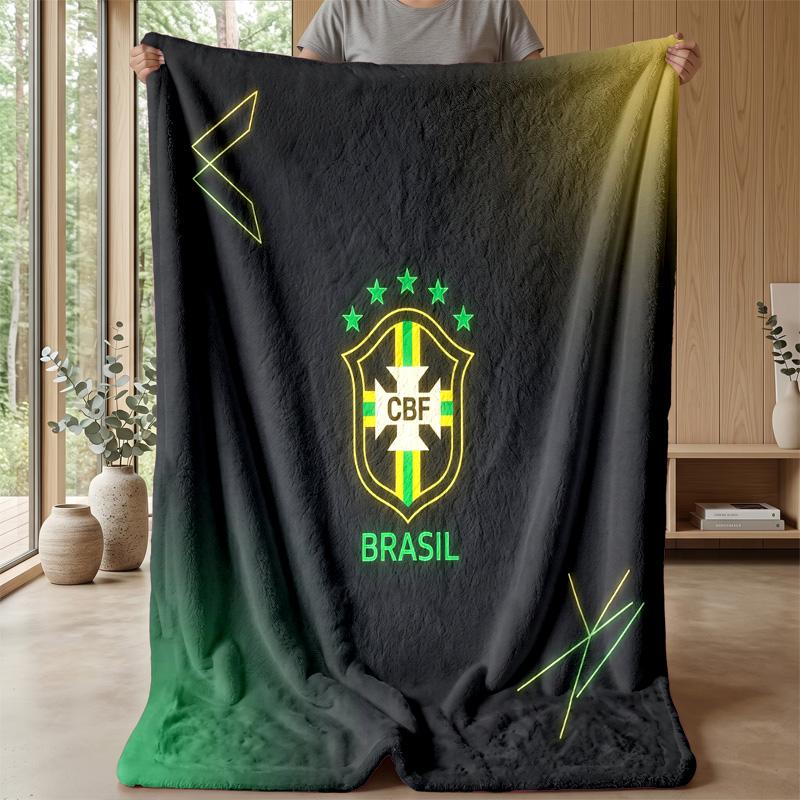 Brazil Football Printed Flannel Blanket Skin Friendly Warm Decorative Throw for Indoor Couch Bed Daily Use