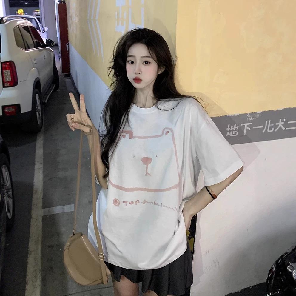 Large size fat MM lazy Hong Kong style bear print short-sleeved T-shirt women's pure cotton loose medium and long front shoulder couple top