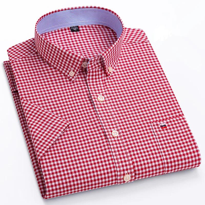 Cămașă bărbătească Oxford din bumbac de înaltă calitate, cu mânecă scurtă, pentru confort de vară, respirabilă, clasică, culoare uni, carouri, business, casual
