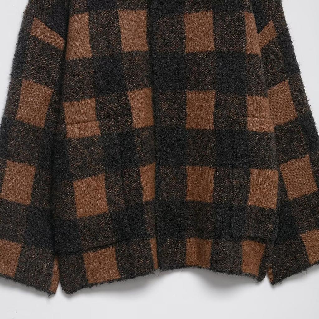 European and American style, new women's clothing, fashionable, versatile, cross-border daily casual plaid knitted jacket