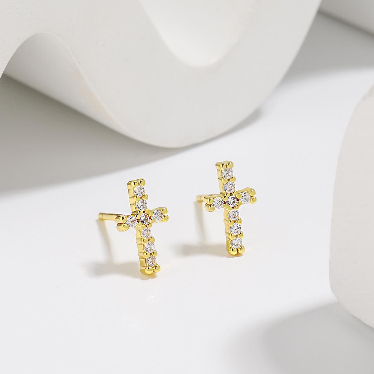 Trendy Mini Full Diamond Cross Stud Earrings - Japanese  Korean Style