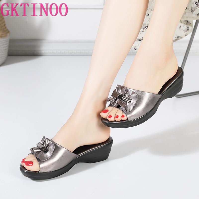 Fashion GKTINOO 2025 Summer Platform Flip Flops Fashion Beach Shoes Woman Anti-slip Genuine Leather Sandals Women Slippers Shoe