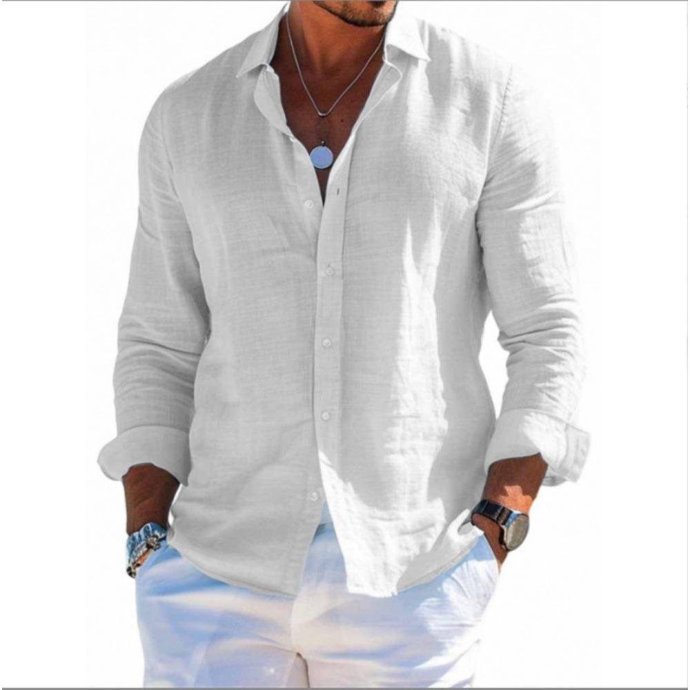 Chemise en lin pour homme avec col, Chemise de plage à manches longues