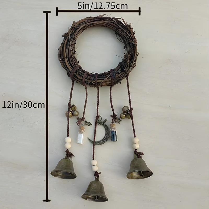 Boho Wind Chime with Bells, Handmade Wicker Wreath Hanging Ornament, Witchy Home Decor for Door Wall Garden, Rustic Witchcraft