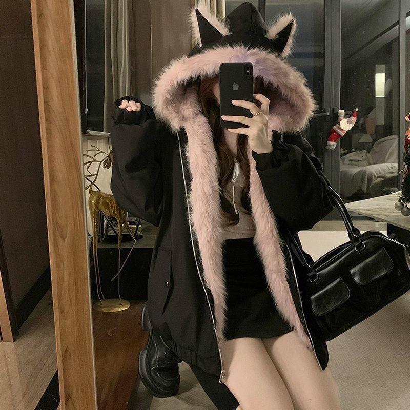 Womens Thick Winter Hooded Parka With Faux Fur Trim Detachable Cat Ear Hood Loose Fit Warm Cotton Coat In Black Blue
