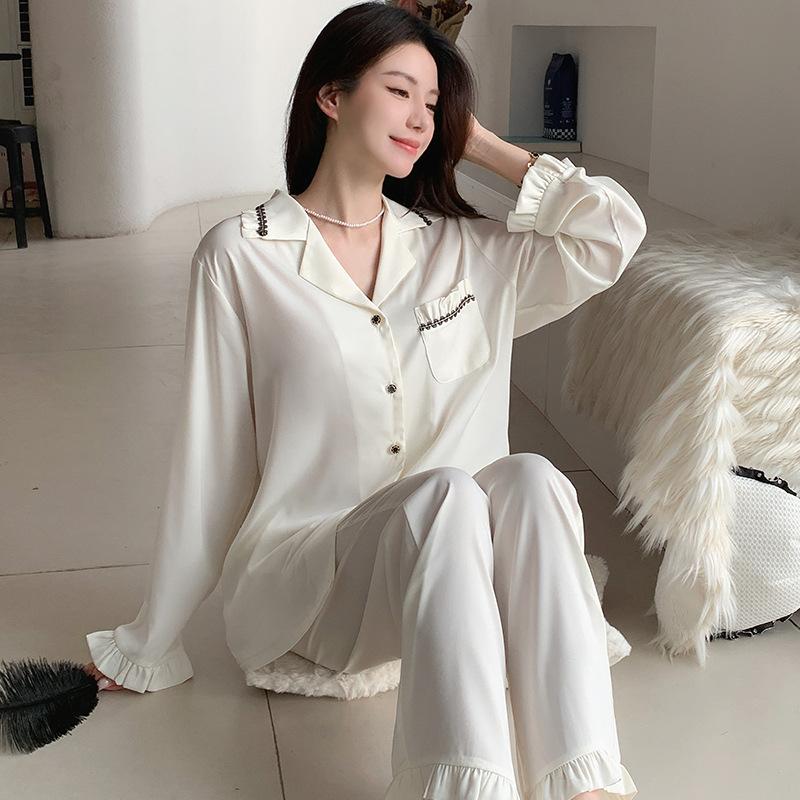 Ice Silk Pajamas Women's Spring and Autumn Thin Anti-acetic Acid Lapel Cardigan Long-sleeved Summer Can Wear Loungewear Suit