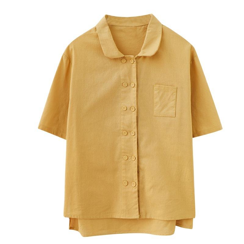 Summer Loose Solid Color Single Breasted Retro Short Sleeved Shirt Women's Top