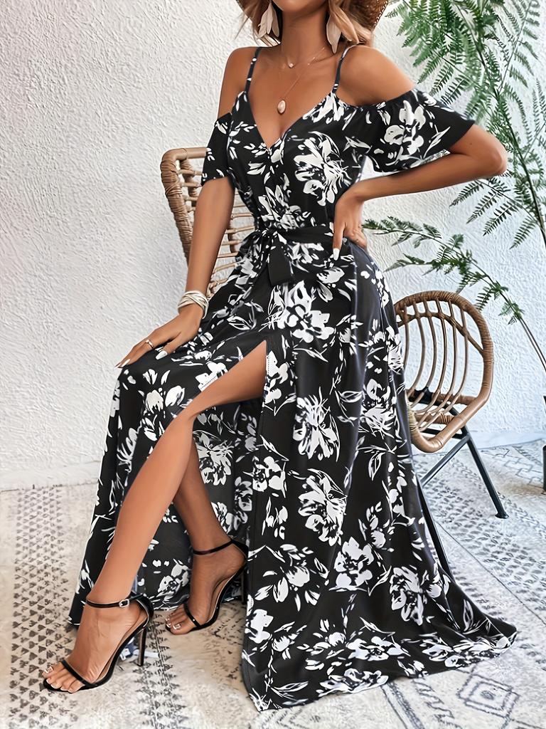 Nuovo sexy abito da donna con bretelle irregolari, lungo con bretelle, floreale, da spiaggia
