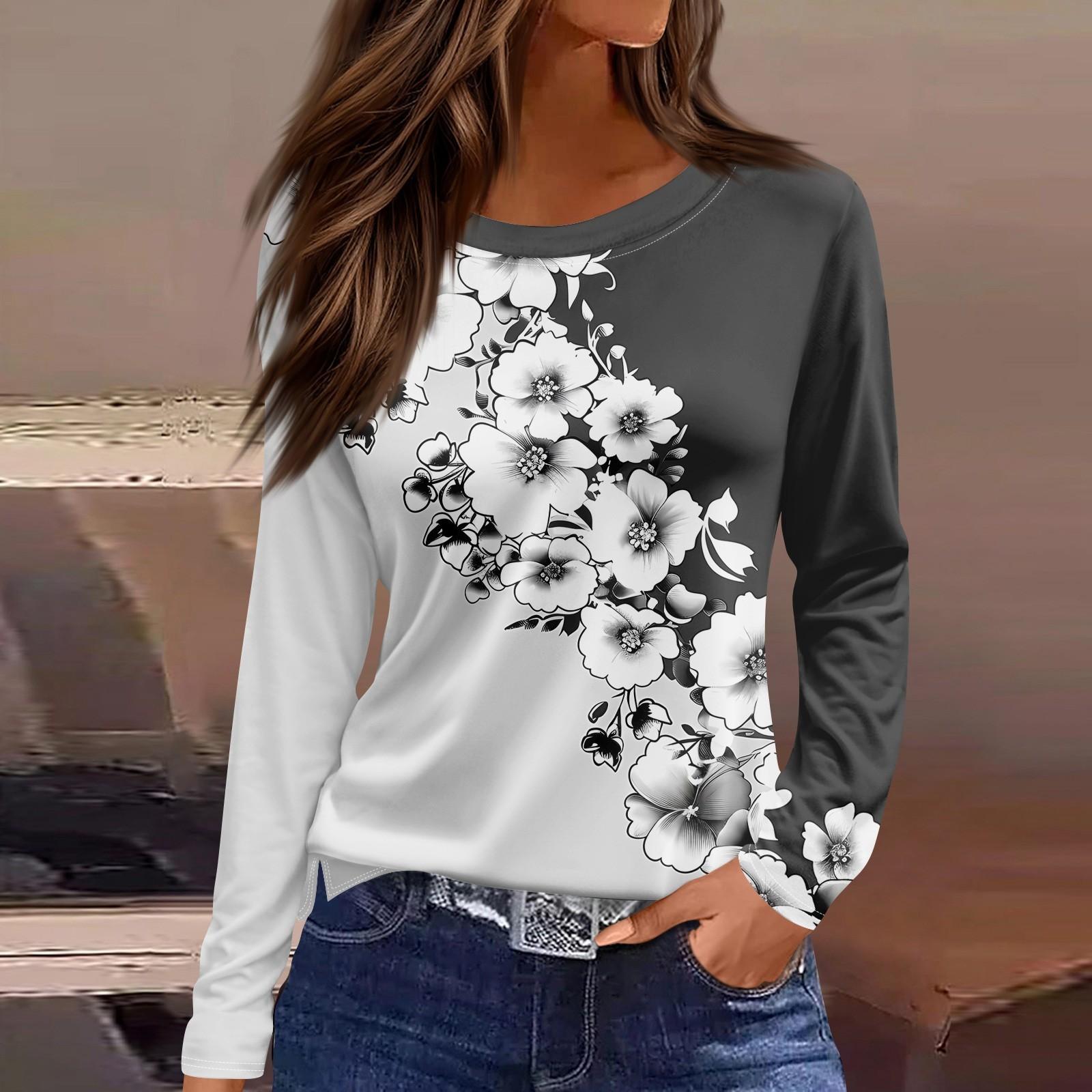 Женская модная повседневная свободная футболка с принтом и круглым вырезом с разрезом и длинным рукавом, женский топ M