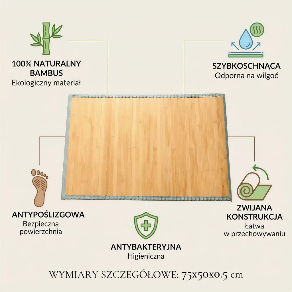 BAMBOO BATH MAT RUG 75x50 CM ANTI-SLIP BAMBOO