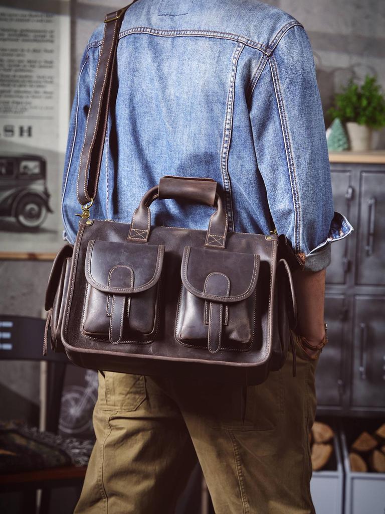 Men's Genuine Leather Crazy Horse Briefcase & Messenger Laptop Bag