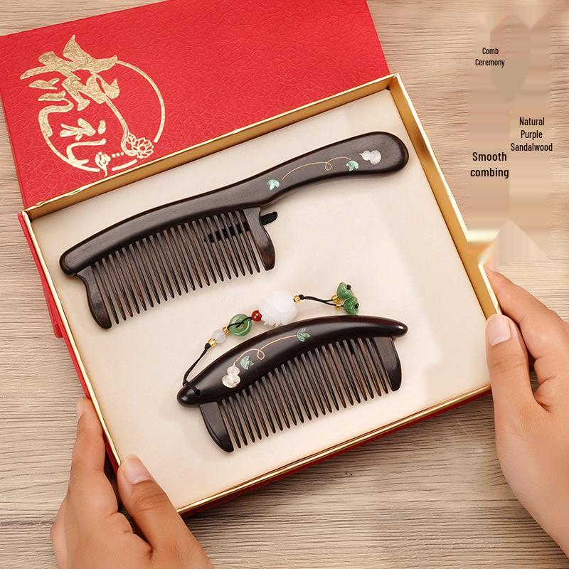 Fioletowe drzewo sandałowe Rzeźbiony drewniany grzebień Pudełko prezentowe - Wysokiej klasy prezent na ślub i Dzień Matki