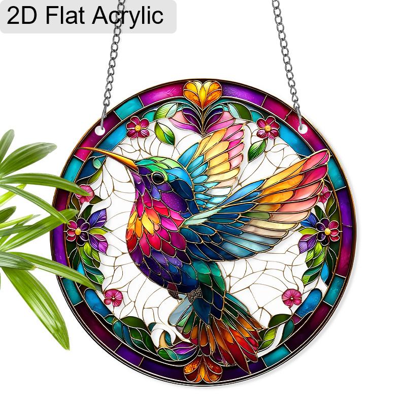 Acrylic Colorful Hummingbird Stained Glass Style Suncatcher, 2D Flat Acrylic Window Hanging Ornament for Nature & Art Lover Gifts