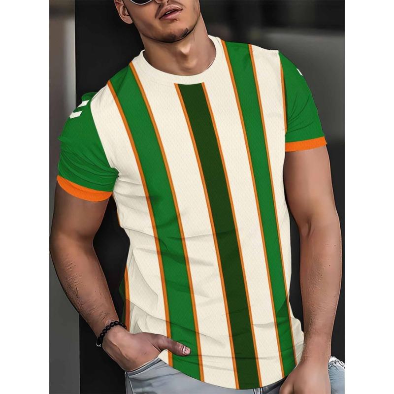 Men s Quick-Dry Breathable 3D Polyester T-Shirt - Vertical Stripe Colorblock Short Sleeve Tee with Green/White/Orange Stripes S