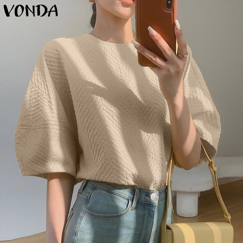 

VONDA женская летняя свободная блузка с круглым вырезом и короткими рукавами, сплошной цвет