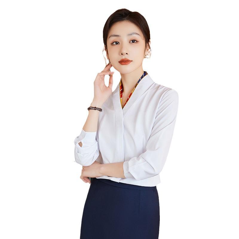 Women's Plus Size V-neck White Blouse: Professional Workwear and Flight Attendant Uniform