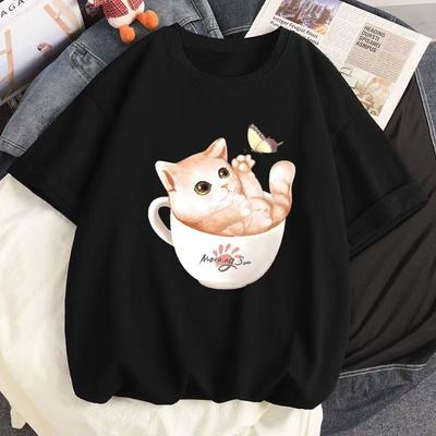 Καλοκαιρινή Βαμβακερή Μπλούζα Γάτα Γυναικεία Με Τυπωτό Ζωικό Σχέδιο Κοντομάνικη