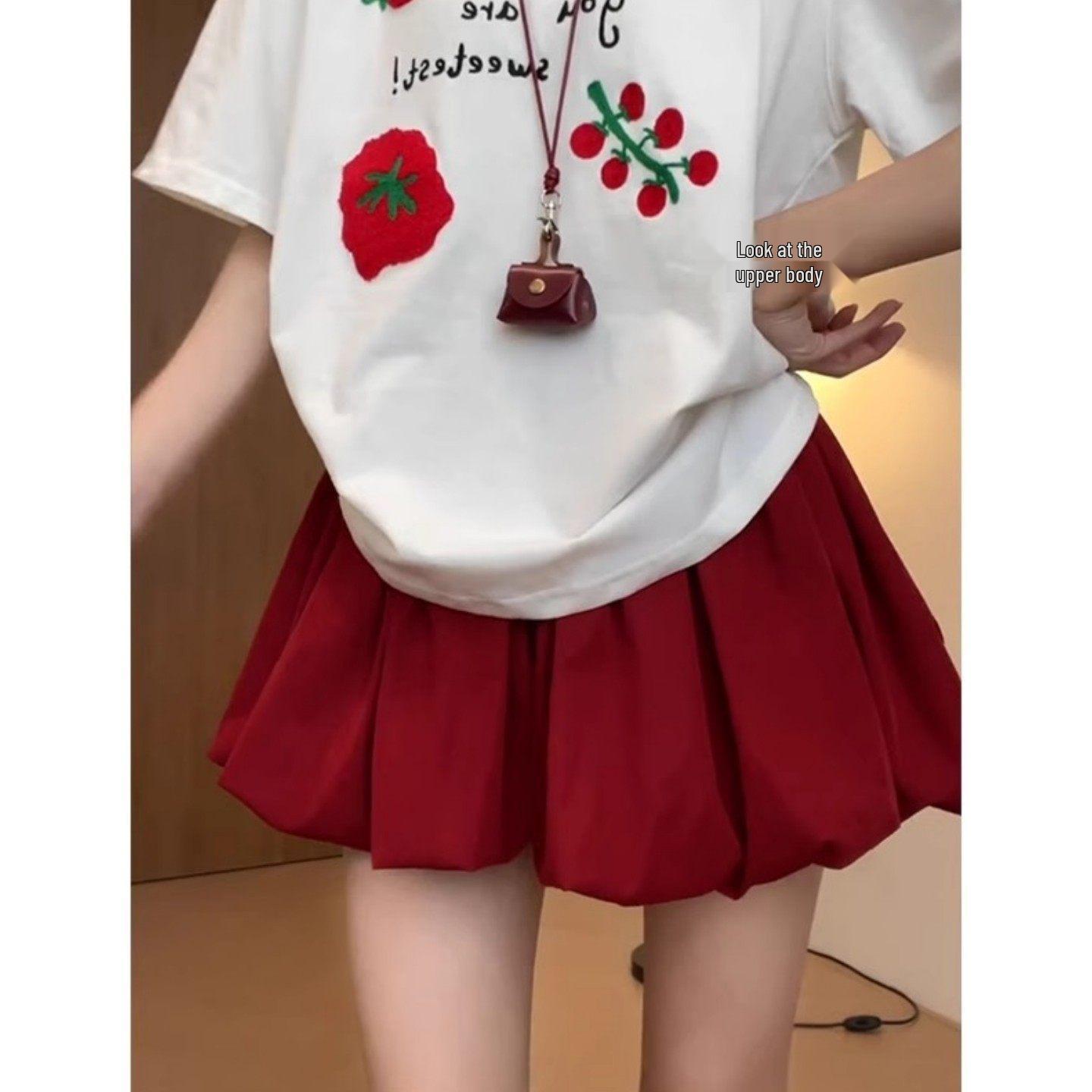 

Plus-Size Red Bud Hem Midi Skirt for Women - Autumn Sweet Spicy Girl Cloud Fluffy A-Line Short Skirt S