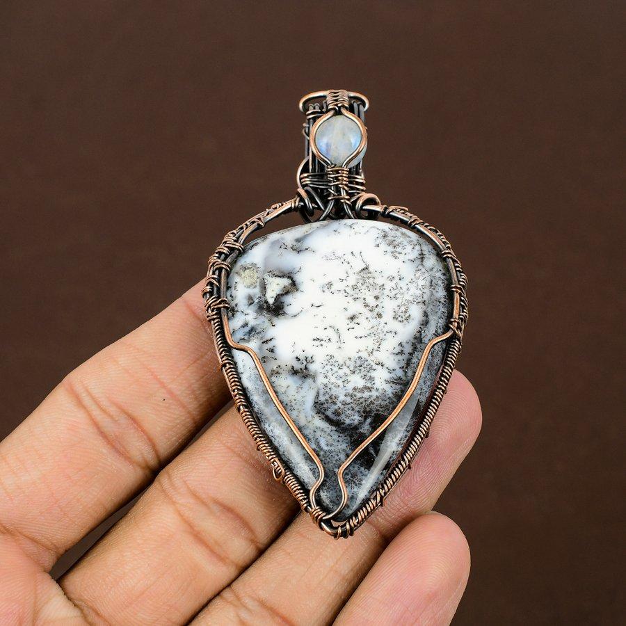 Natural Dendrite Opal, Moonstone Gemstone Copper Wire Wrap Pendant 2.96" l7N20