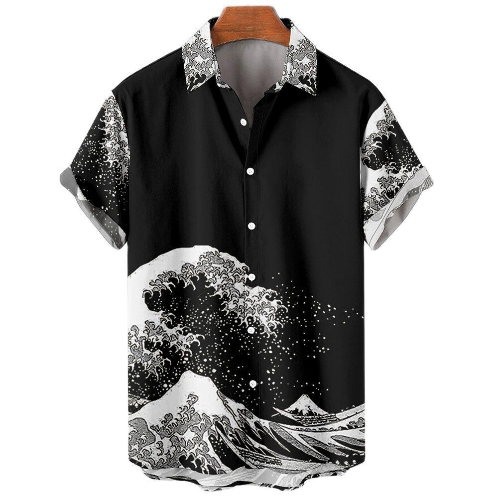 Camicia a Maniche Corte con Stampa Onda Ukiyo-e, Elegante Casual con Bottoni