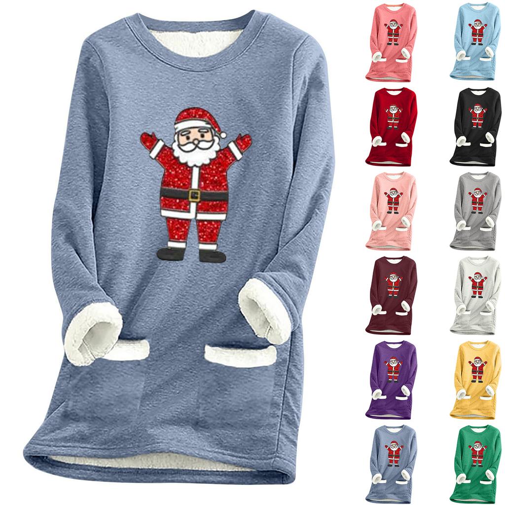 Ladies' Loose And Comfortable Round Neck Christmas Print Thick With Pockets Long Sleeved Top