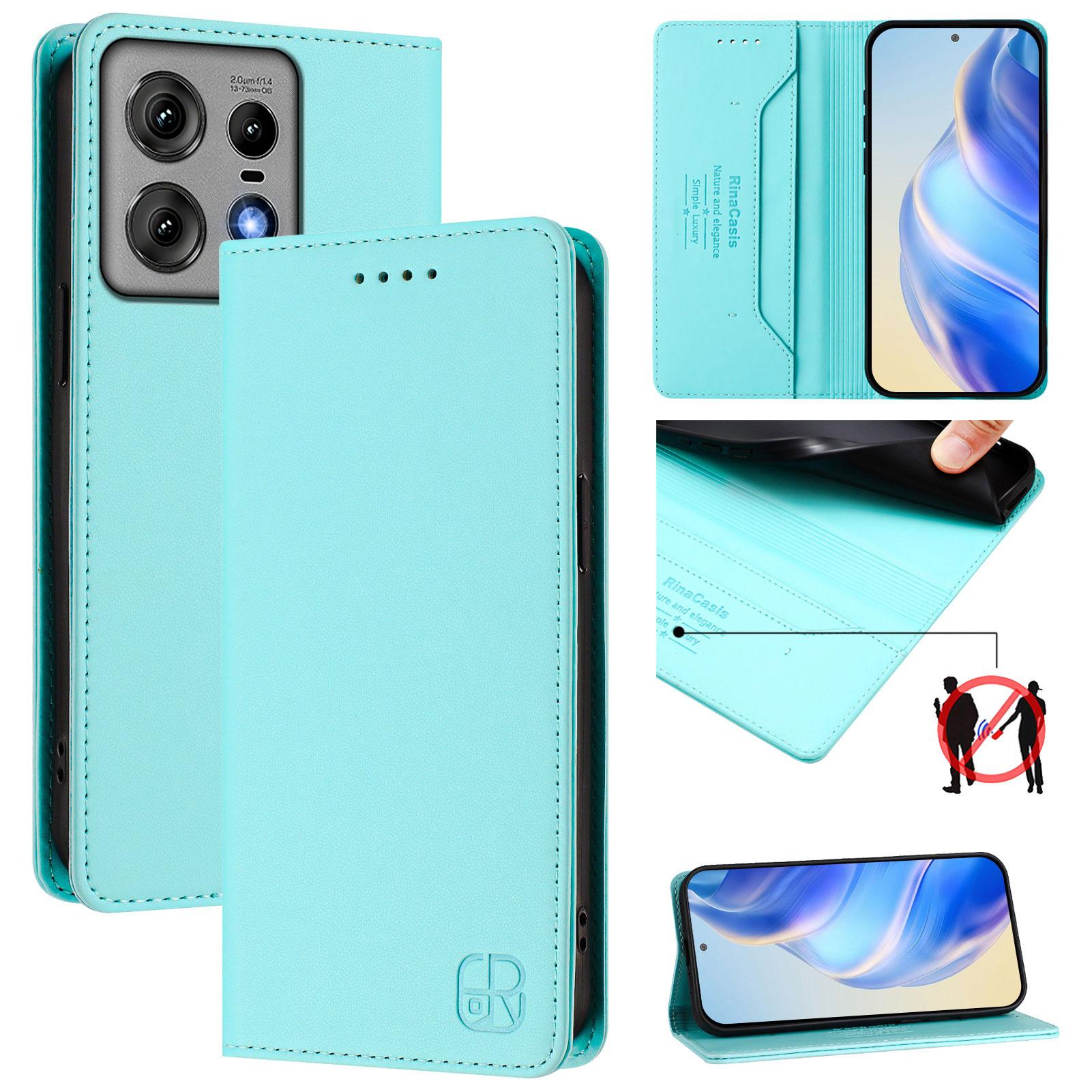 

For Motorola Edge 50 Pro 5G Leather Case RINACASIS RC01 Phone Cover with RFID Blocking Wallet Stand Mint Green