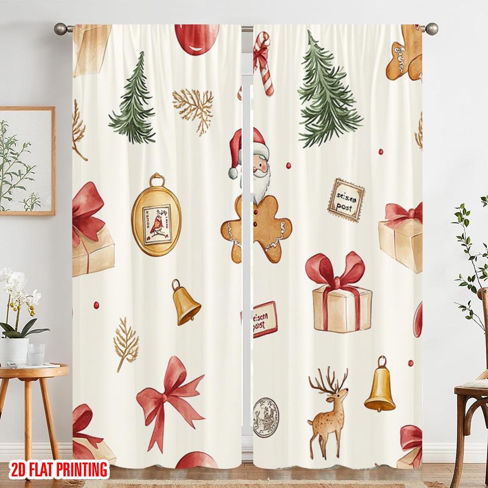 2pcs,2D Plane Printing Window Curtain Christmas Bells Bows Delivery Versatile Durable Polyester (without Rod) Decorations For
