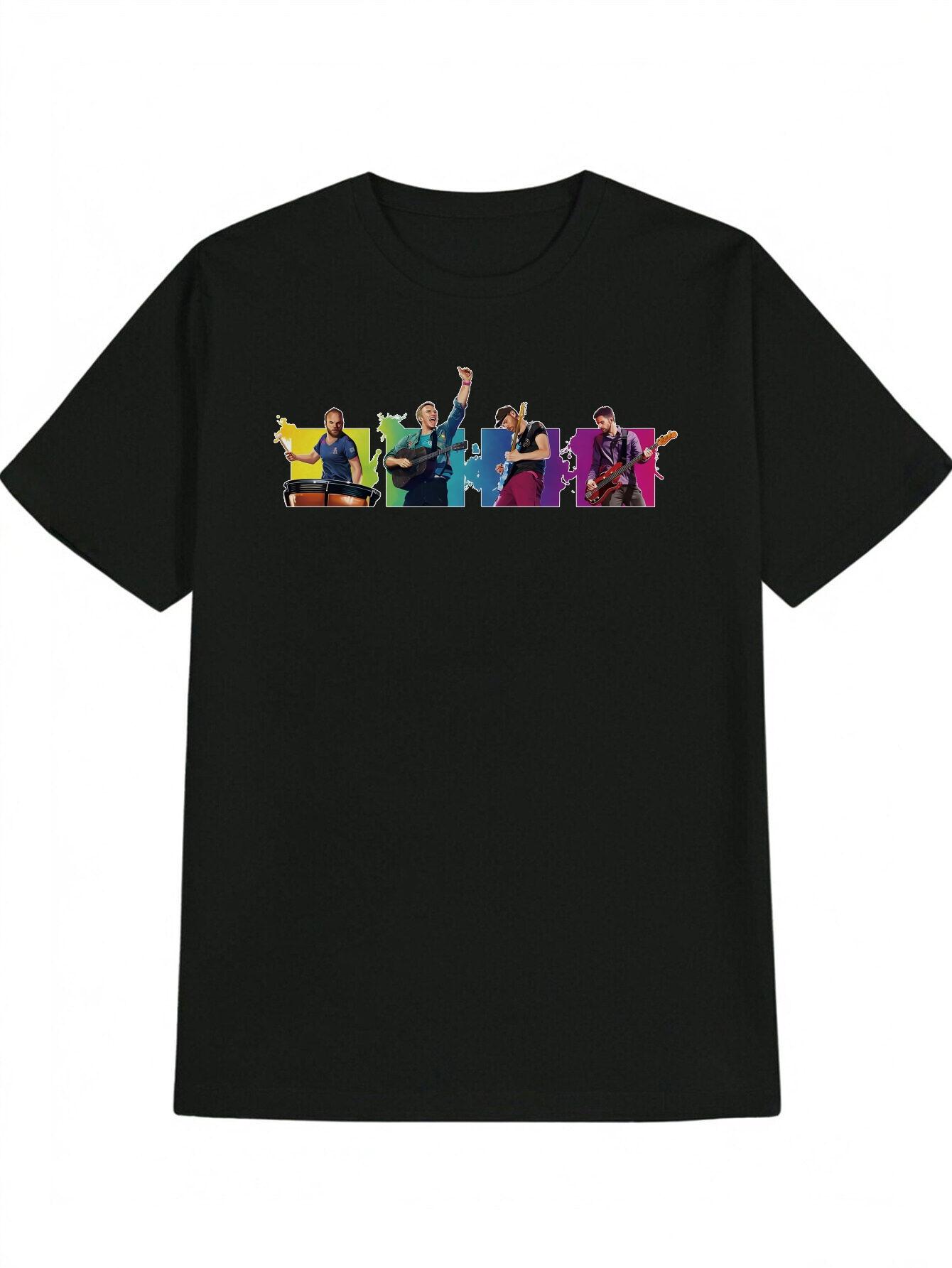 

Casual Versatile Round Neck T-shirt with Drummer Graphic Print L
