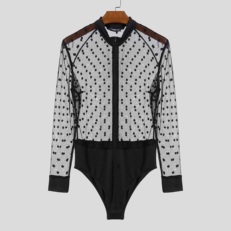 INCERUN Men Long Sleeve Polka Dot Patchwork Mesh See Through Bodysuits Jumpsuits