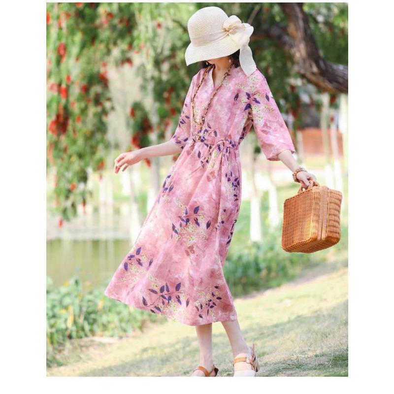 Übergröße V-Ausschnitt Langes Kleid Ethnischer Druck Schlitzärmel Lockere Taille Bindekleider