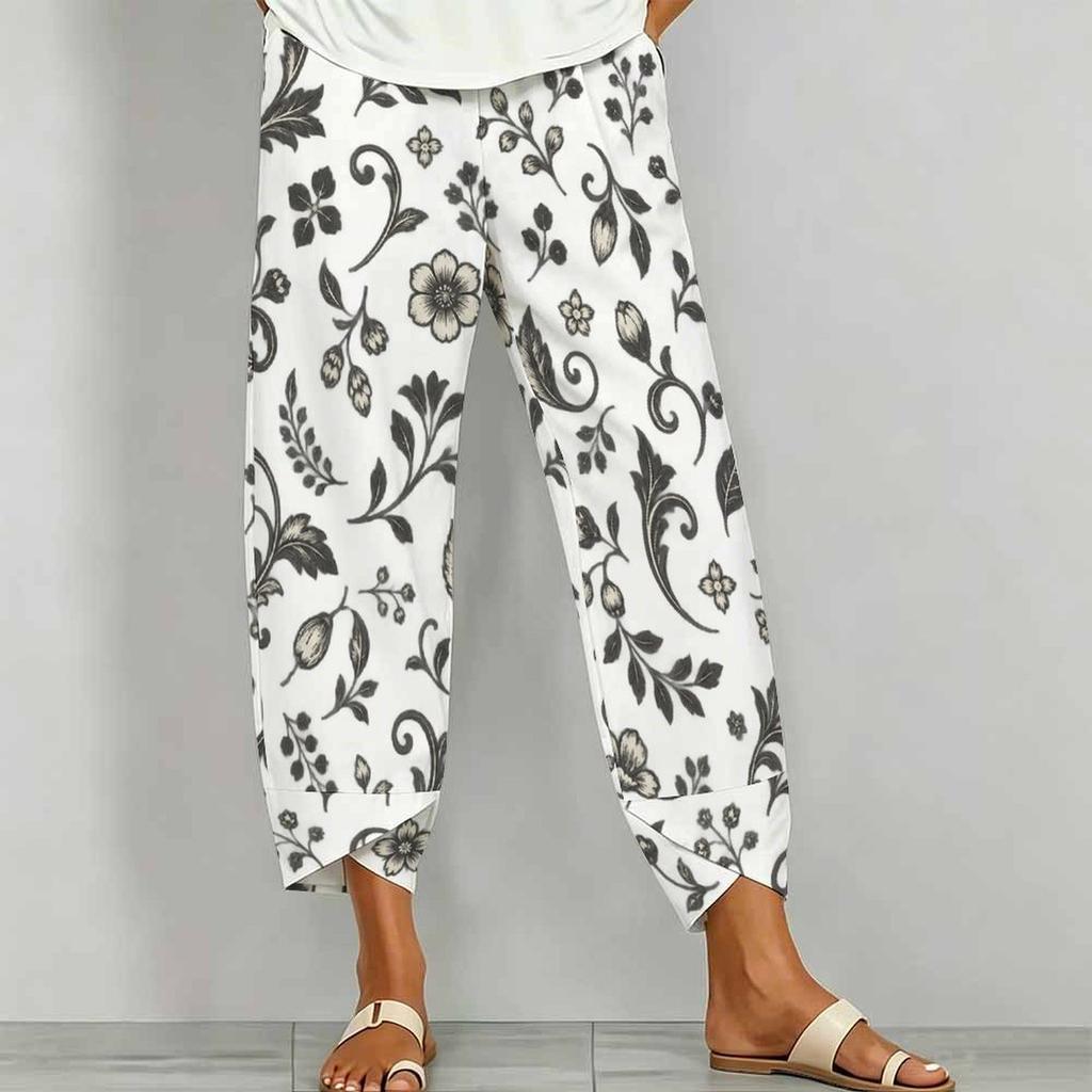Women Plus Size Loose Printed Cropped Pants Navy Blue Cross Hem With Pockets