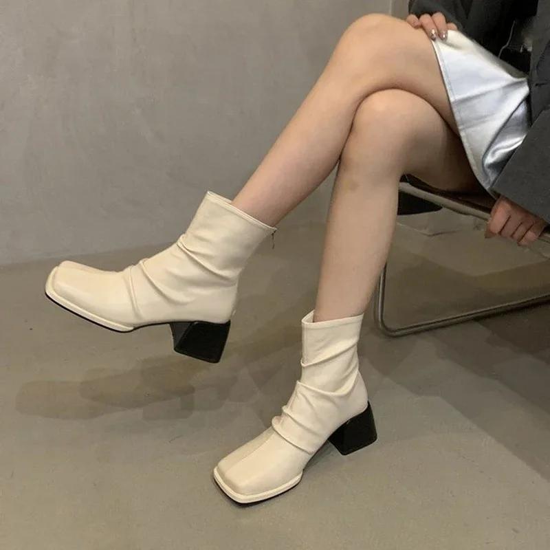 Herbst Winter Frauen Stiefeletten Fashion Square Toe Zurück Reißverschlüsse Schuhe Vintage Square Heels Damen Kurze Booties