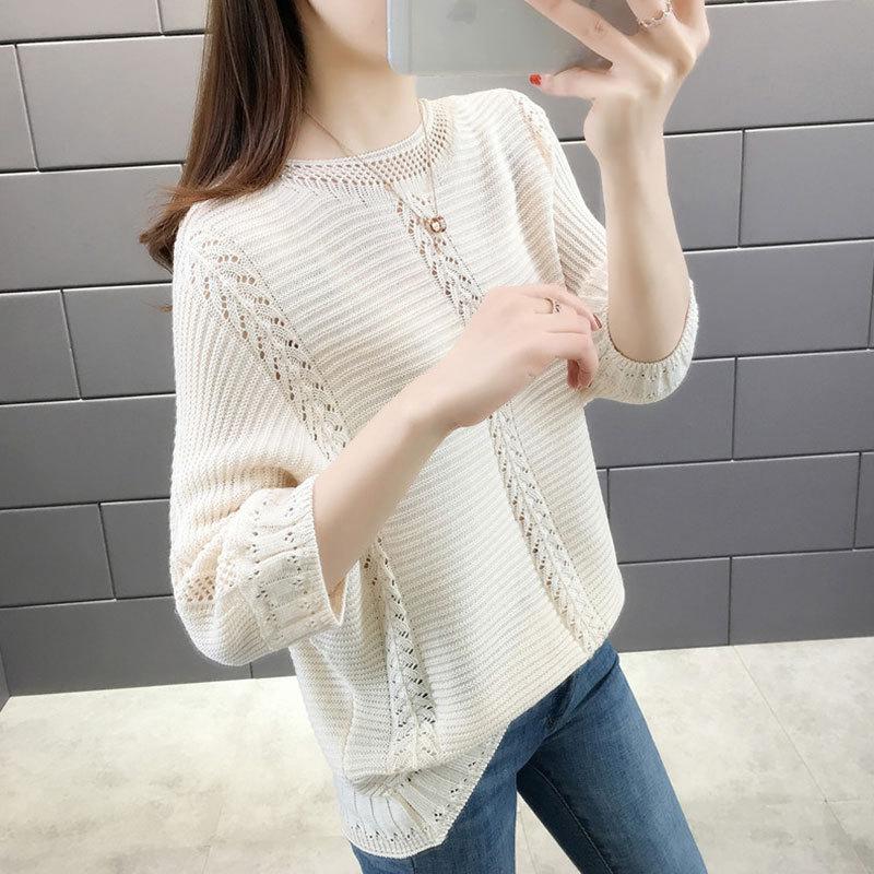 Summer Simple Hollow Knitted Sweater Women's Pullover Loose Temperament Elegant Seven-quarter Sleeve Crew Neck Top Women