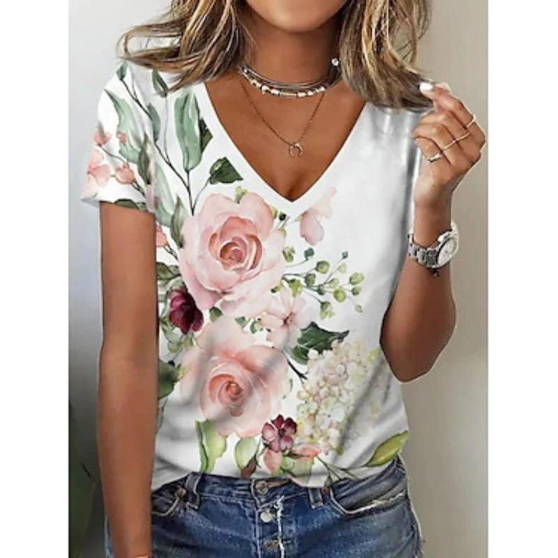 Women V Neck Floral Print Lace Patchwork Short Sleeve Casual T Shirt